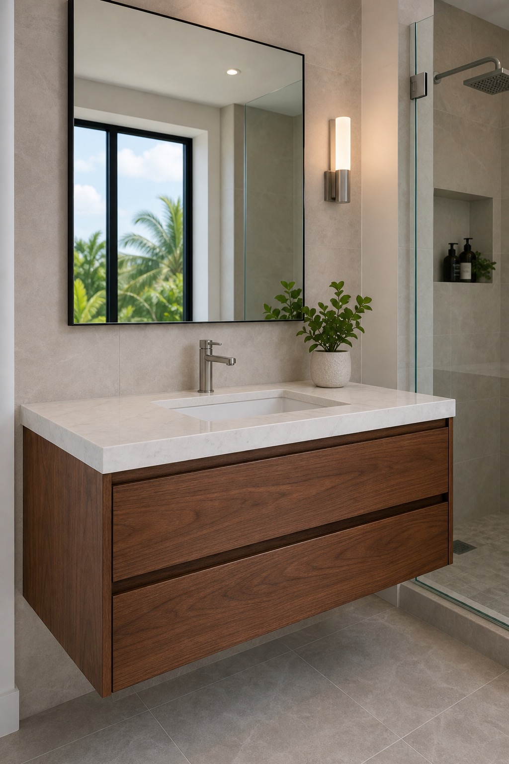 A floating walnut bathroom vanity installed in a calm finished bathroom