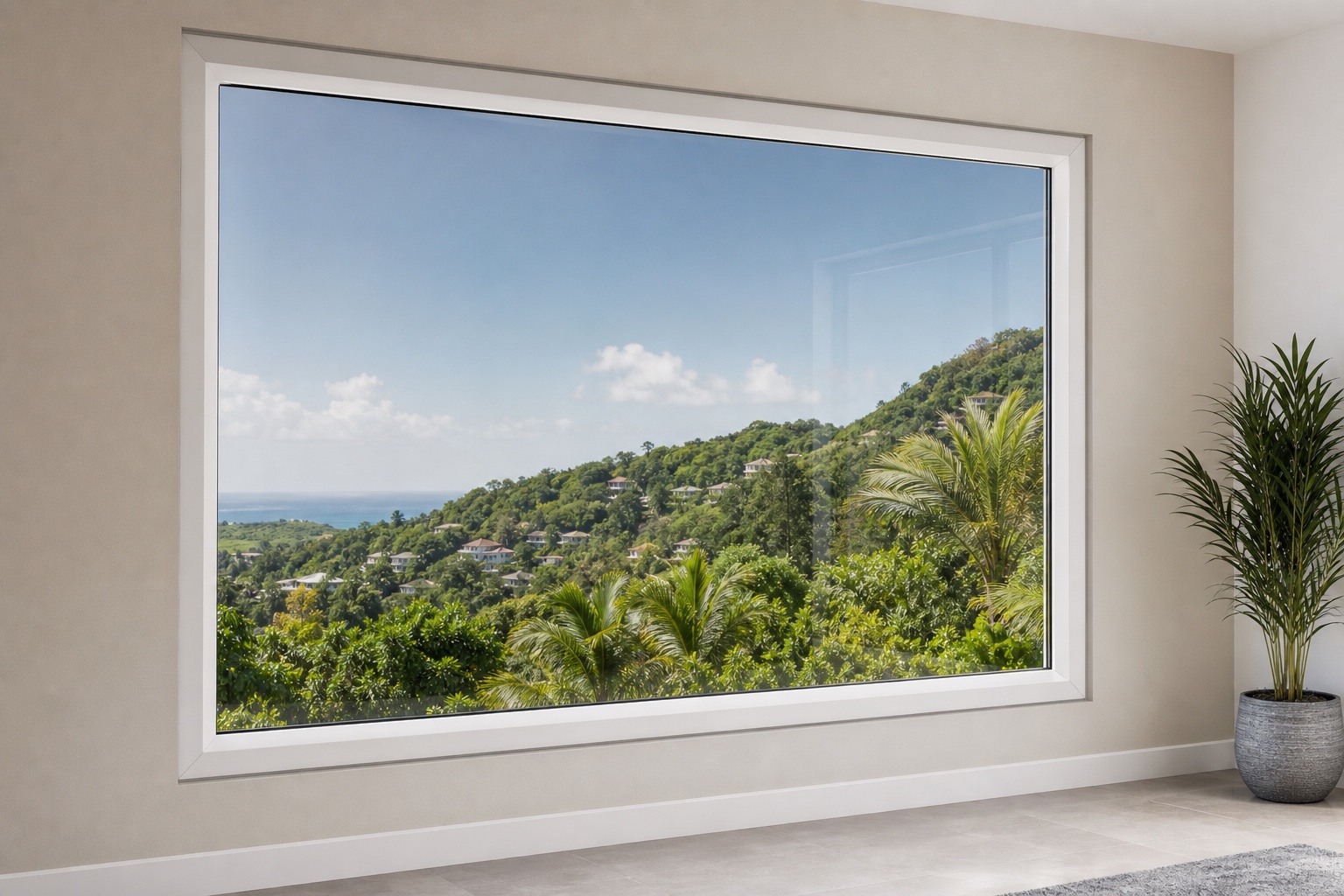 A large fixed white uPVC picture window framing a green Jamaican hillside from a finished interior