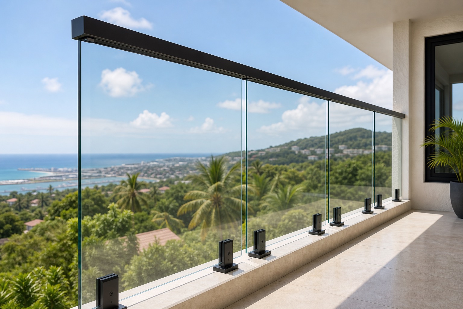 A clear glass balcony railing with one consistent black square-post hardware system