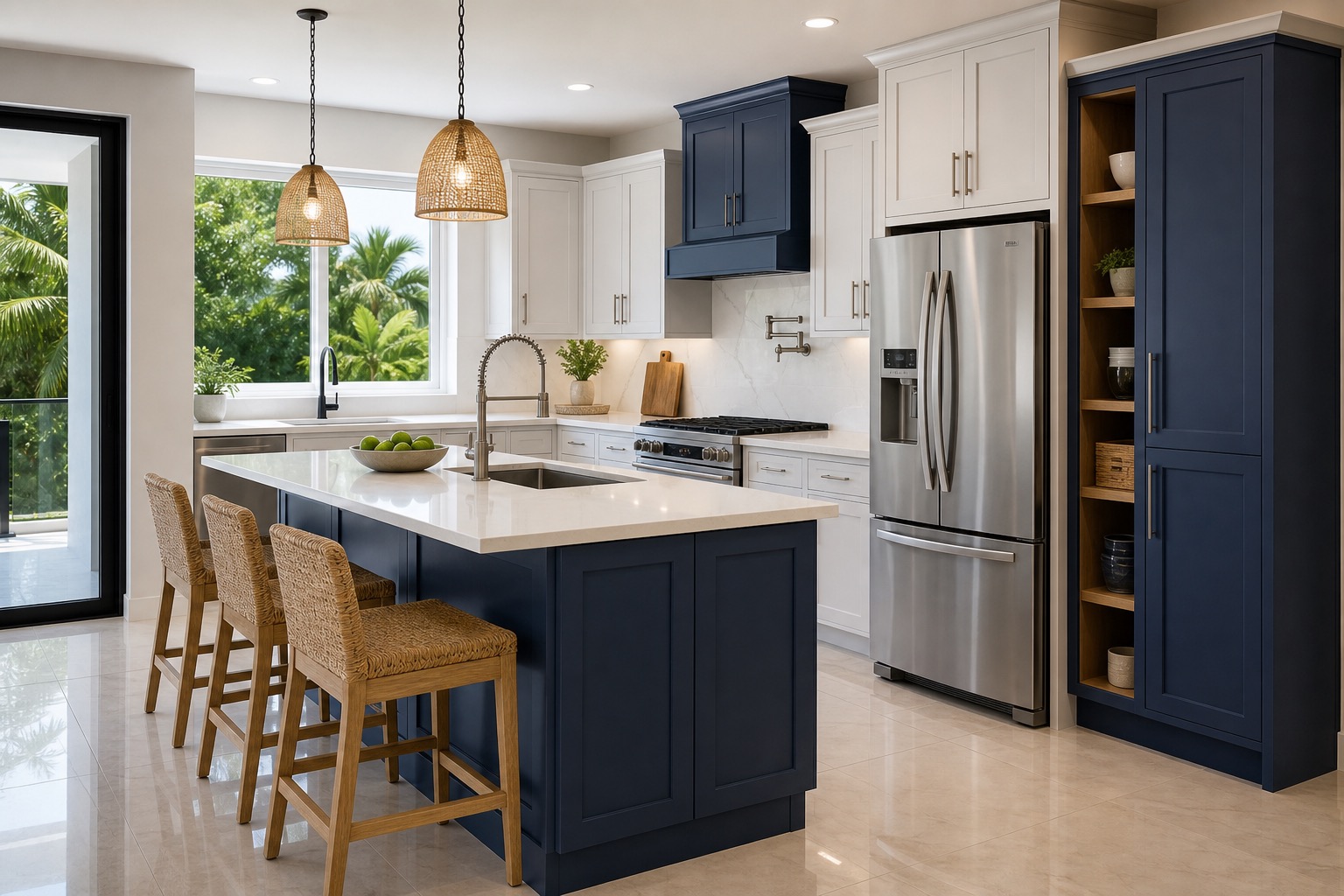 A finished navy custom kitchen with a large island, quartz surfaces, and refined hardware