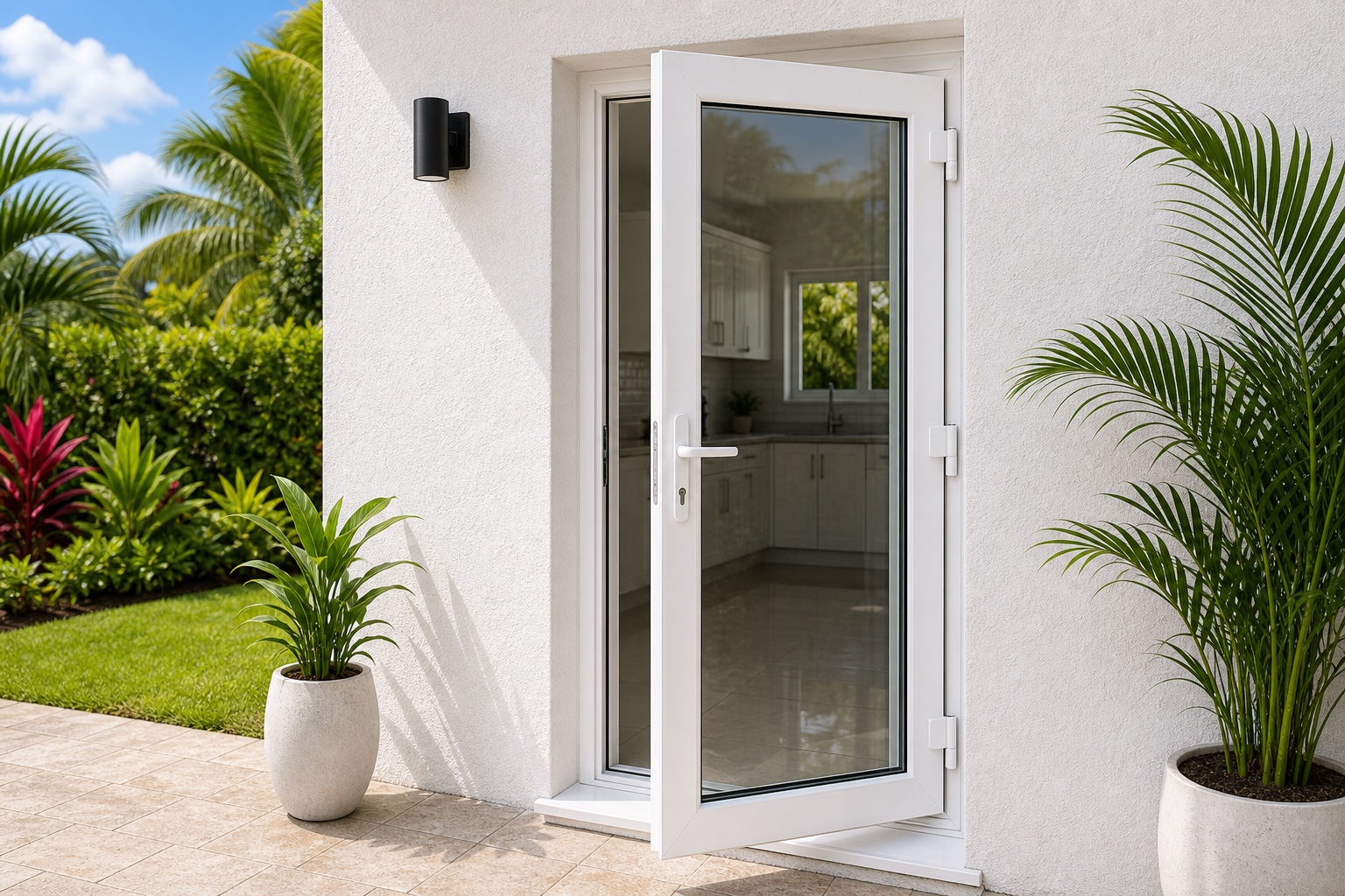 A white uPVC full-glass casement door installed in a finished tropical home