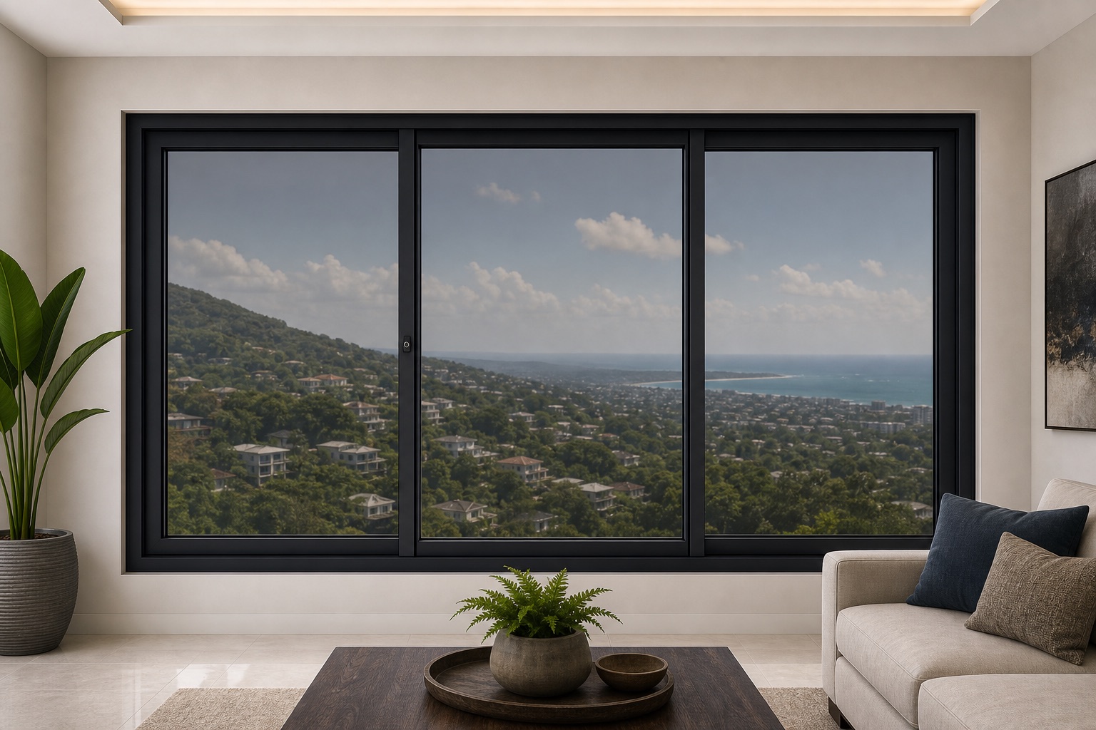 Generated design visualization of a black aluminium triple slider window in a Jamaican living space